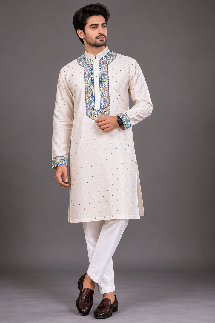 Cream Banarasi Kurta for Men | Kashmiri Embroidered Designer Kurta | Festive & Wedding Wear