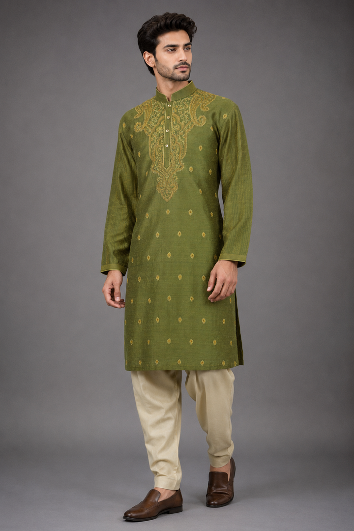 Green Matka Silk Kurta Set for Men | Hand & Machine Embroidered Designer Kurta with Pant & Churidar | Festive & Wedding Wear