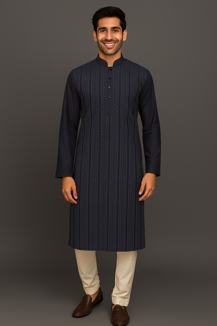 Navy Blue Cotton Silk Kurta Set with Machine Embroidery & Pintucks