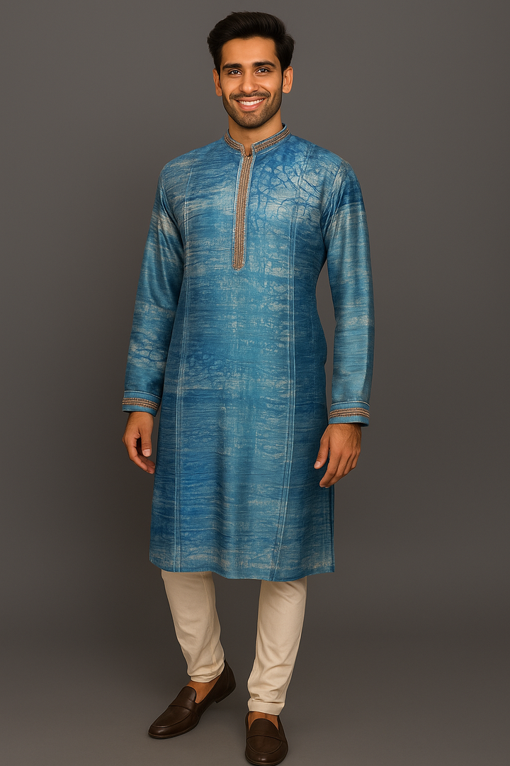 Blue Printed Silk Kurta Set with Hand Embroidery