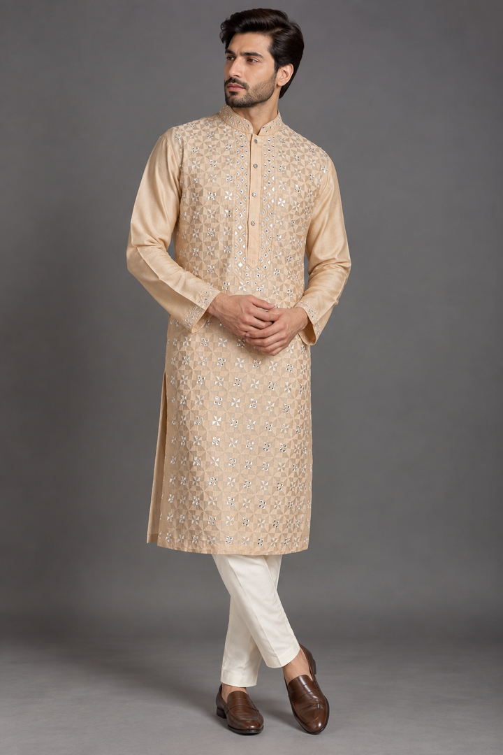 Beige Chanderi Kurta for Men | Mirror Work & Embroidered Designer Kurta | Wedding & Festive Wear