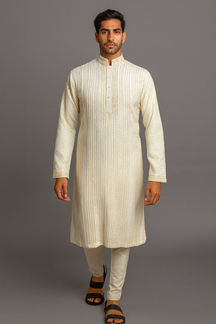 Off-White Banarasi Silk Kurta Set with Hand Embroidery