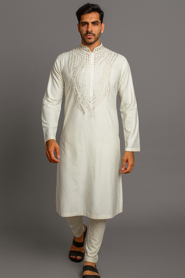 Cream Cotton-Silk Kurta Set with Leather Patch Embroidery