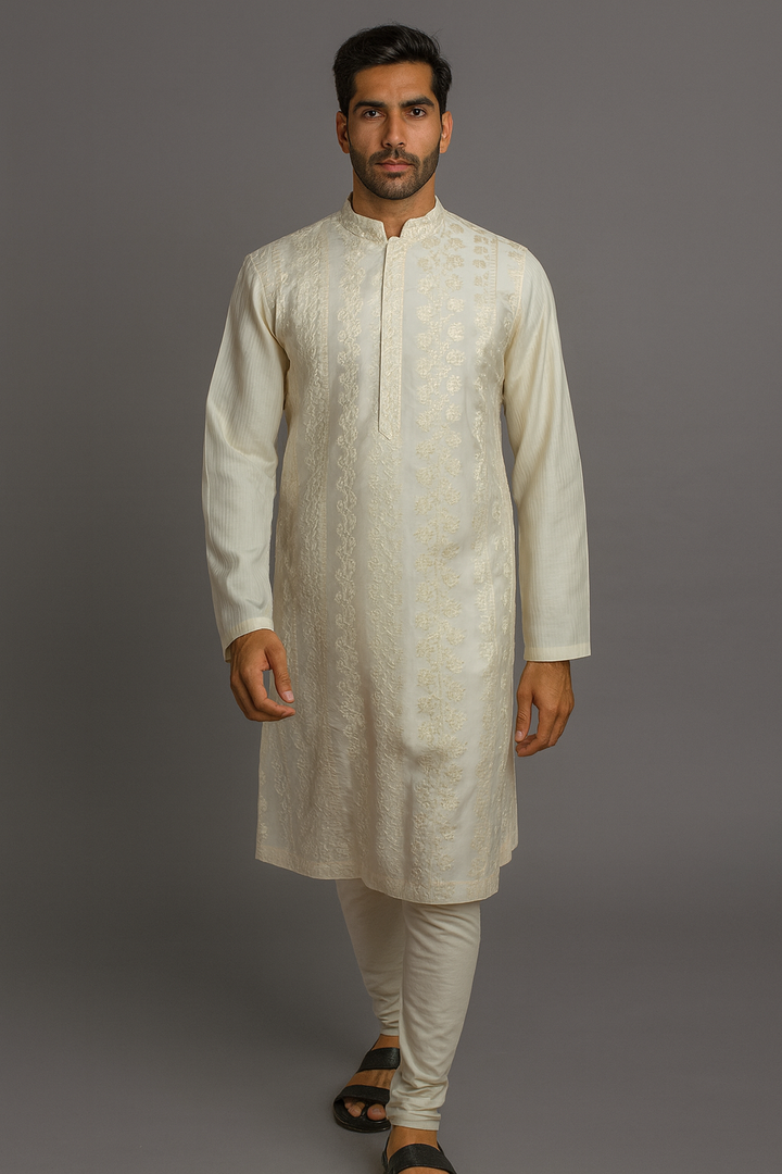 Off-White Chanderi Kurta Set with Machine Embroidery