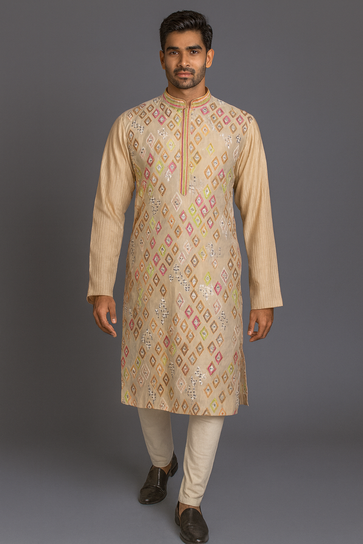 Beige Kurta Set with Mirror & Colorful Thread Embroidery