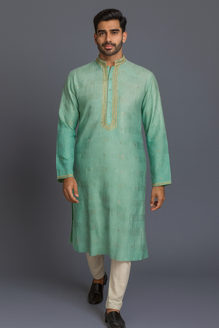 Aqua Shaded Chanderi Kurta Set with Hand Embroidery