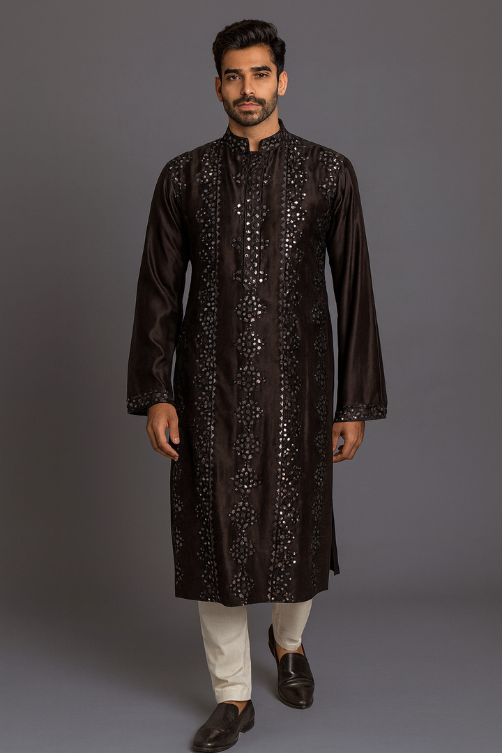 Black Kurta Set with Leather & Mirror Embroidery Detailing