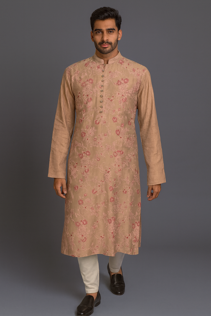 Beige Chanderi Kurta Set with Aari Embroidery
