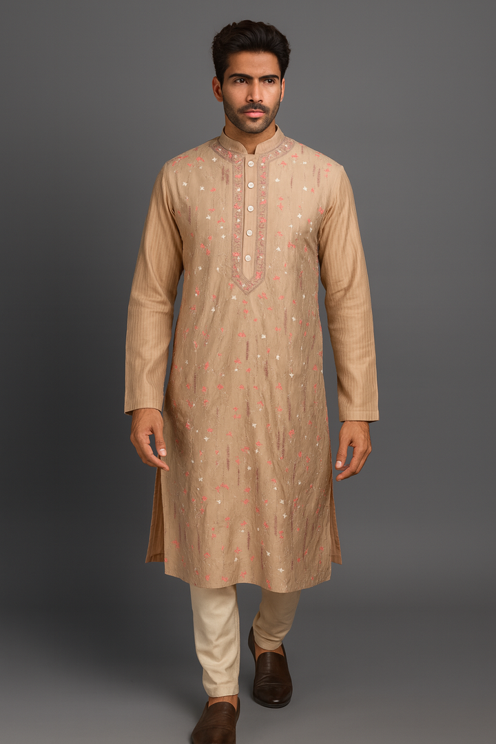 Beige Chanderi Kurta Set