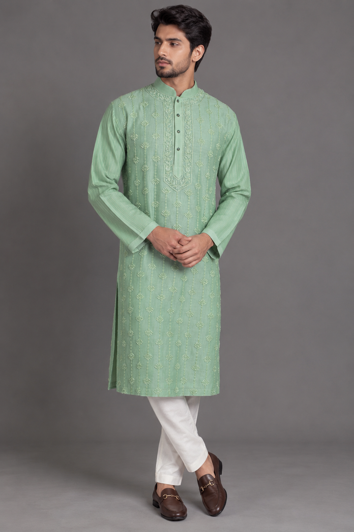Mint Green Chanderi Kurta for Men | Aari & Moti Work Designer Kurta | Wedding & Festive Wear