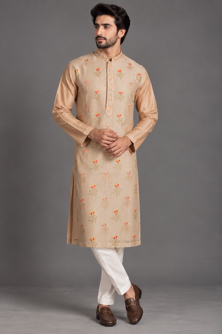 Beige Chanderi Kurta for Men | Aari & Machine Embroidered Designer Kurta | Wedding & Festive Wear