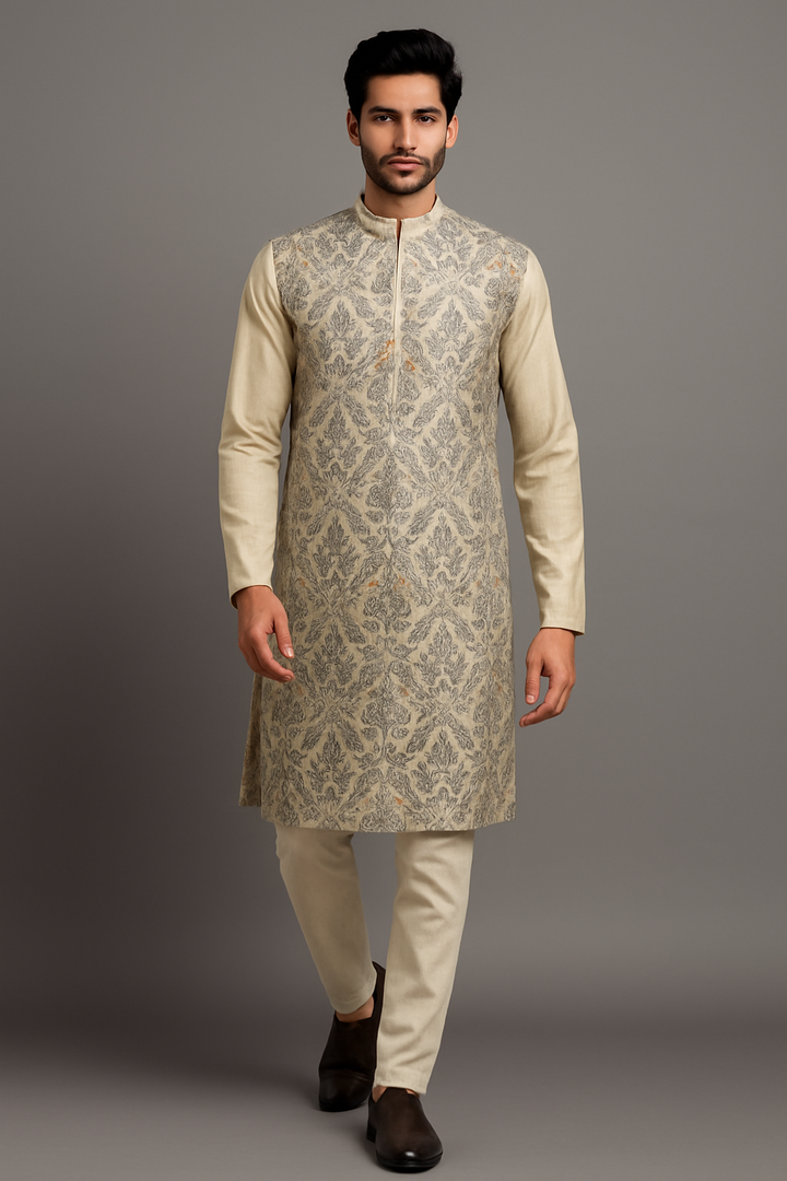 Beige Moonga Silk Kurta Set