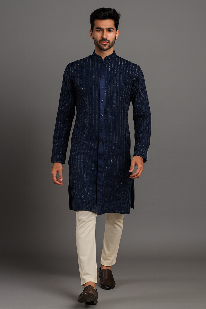 Navy Blue Cotton Silk Kurta Set