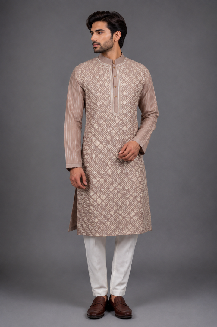 Beige Chanderi Kurta for Men | Geometric Jaal Embroidered Designer Kurta | Wedding & Festive Wear