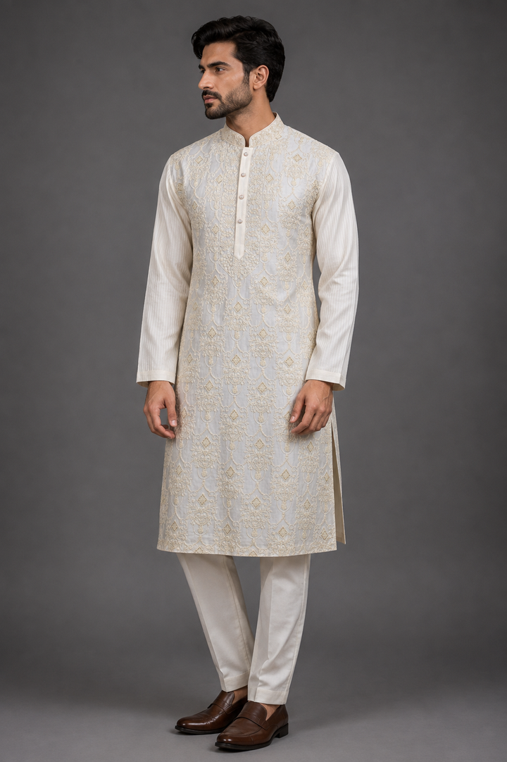 Off-White Chanderi Kurta for Men | Dori Jaal Embroidered Designer Kurta | Wedding & Festive Wear