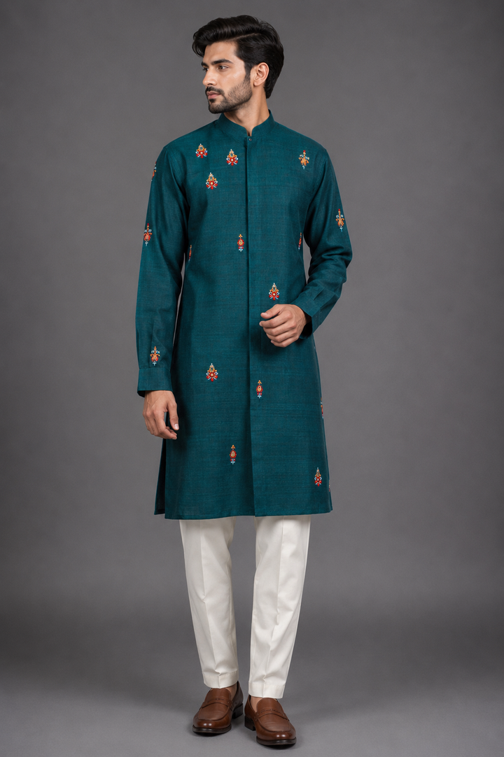 Green Matka Silk Kurta for Men | Hand Embroidered Booti Kurta | Luxury Wedding & Festive Wear