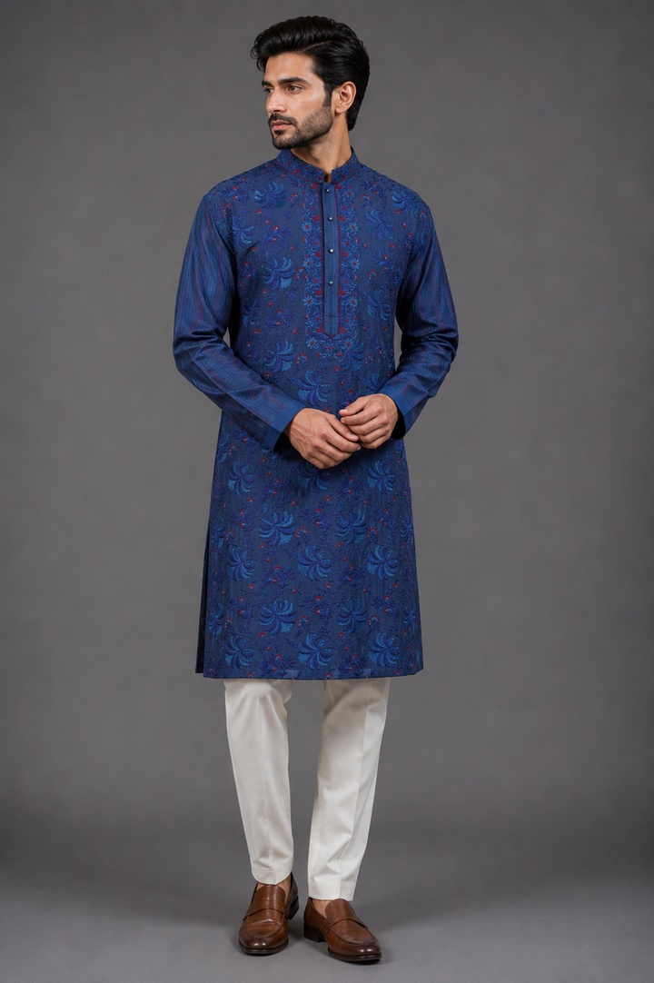 Navy Blue Chanderi Kurta for Men | Jaal Embroidered Designer Kurta | Premium Wedding & Festive Wear