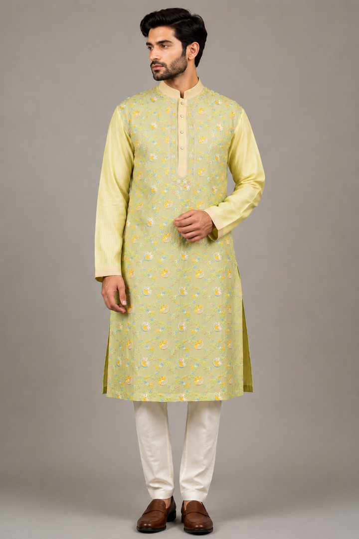 Yellow Chanderi Kurta for Men | Jaal Embroidered Designer Kurta | Haldi, Wedding & Festive Wear