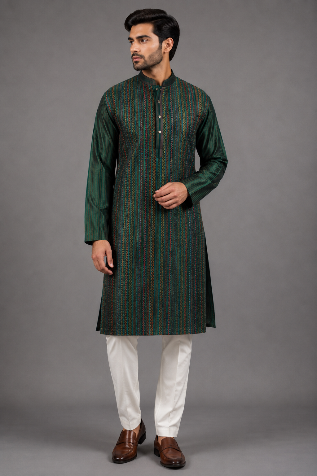 Dark Green Chanderi Kurta for Men | Machine Embroidered Designer Kurta | Luxury Wedding & Festive Wear