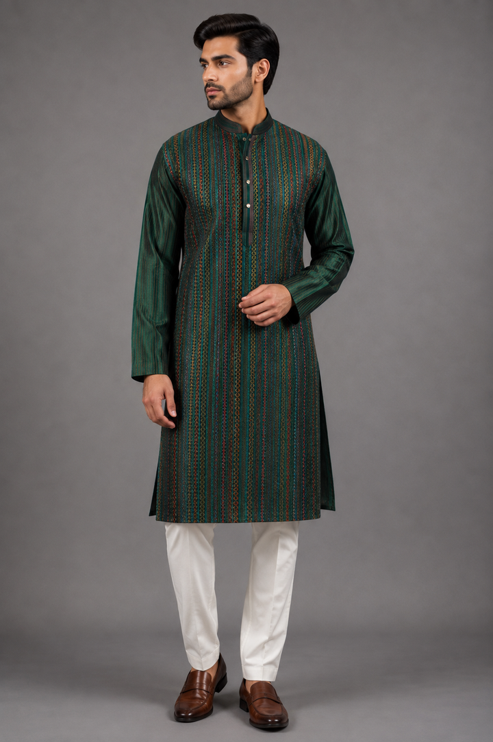 Dark Green Chanderi Kurta for Men | Machine Embroidered Designer Kurta | Luxury Wedding & Festive Wear