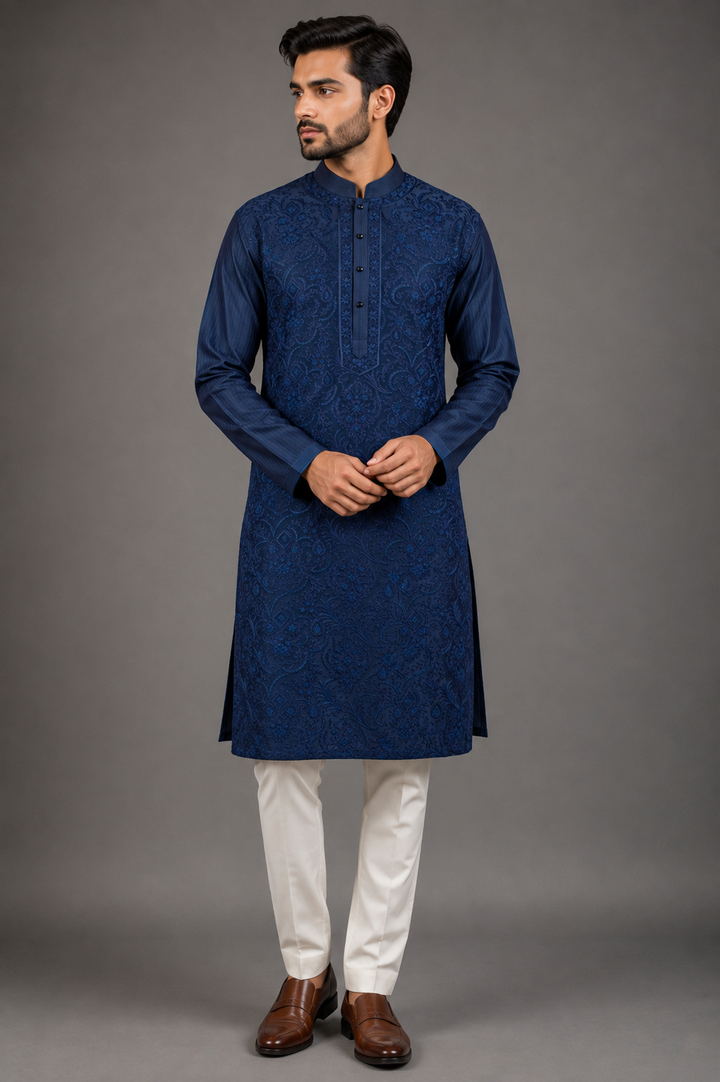 Navy Blue Chanderi Kurta for Men | Aari Jaal Embroidered Designer Kurta | Wedding & Festive Wear