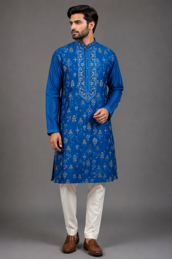 Blue Chanderi Kurta for Men | Machine Embroidered Booti Kurta | Premium Wedding & Festive Wear
