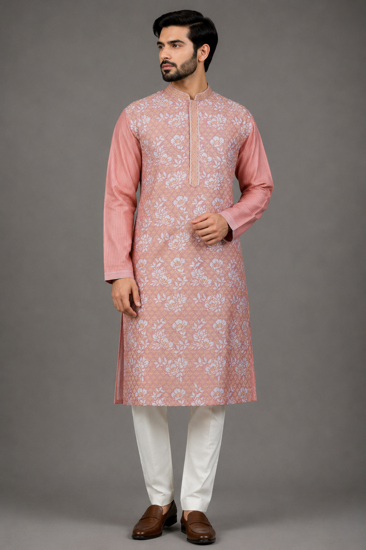 Pink Chanderi Kurta for Men | Appliqué & Dori Jaal Embroidered Kurta | Designer Wedding & Festive Wear