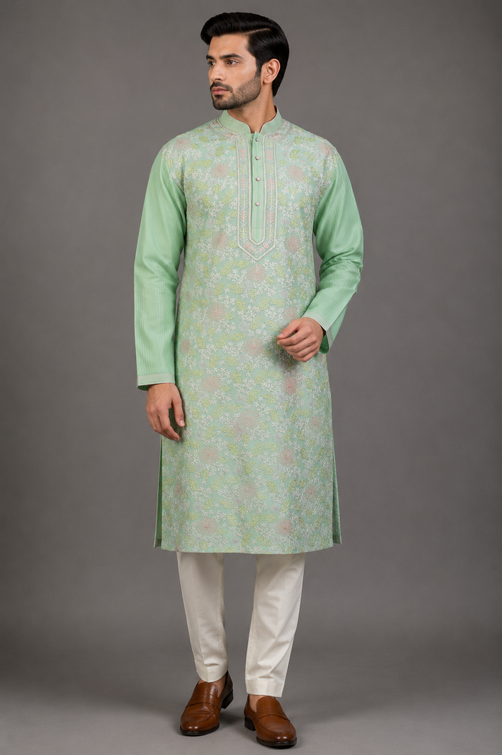 Mint Green Chanderi Kurta for Men | Aari Jaal Embroidered Designer Kurta | Wedding & Festive Wear