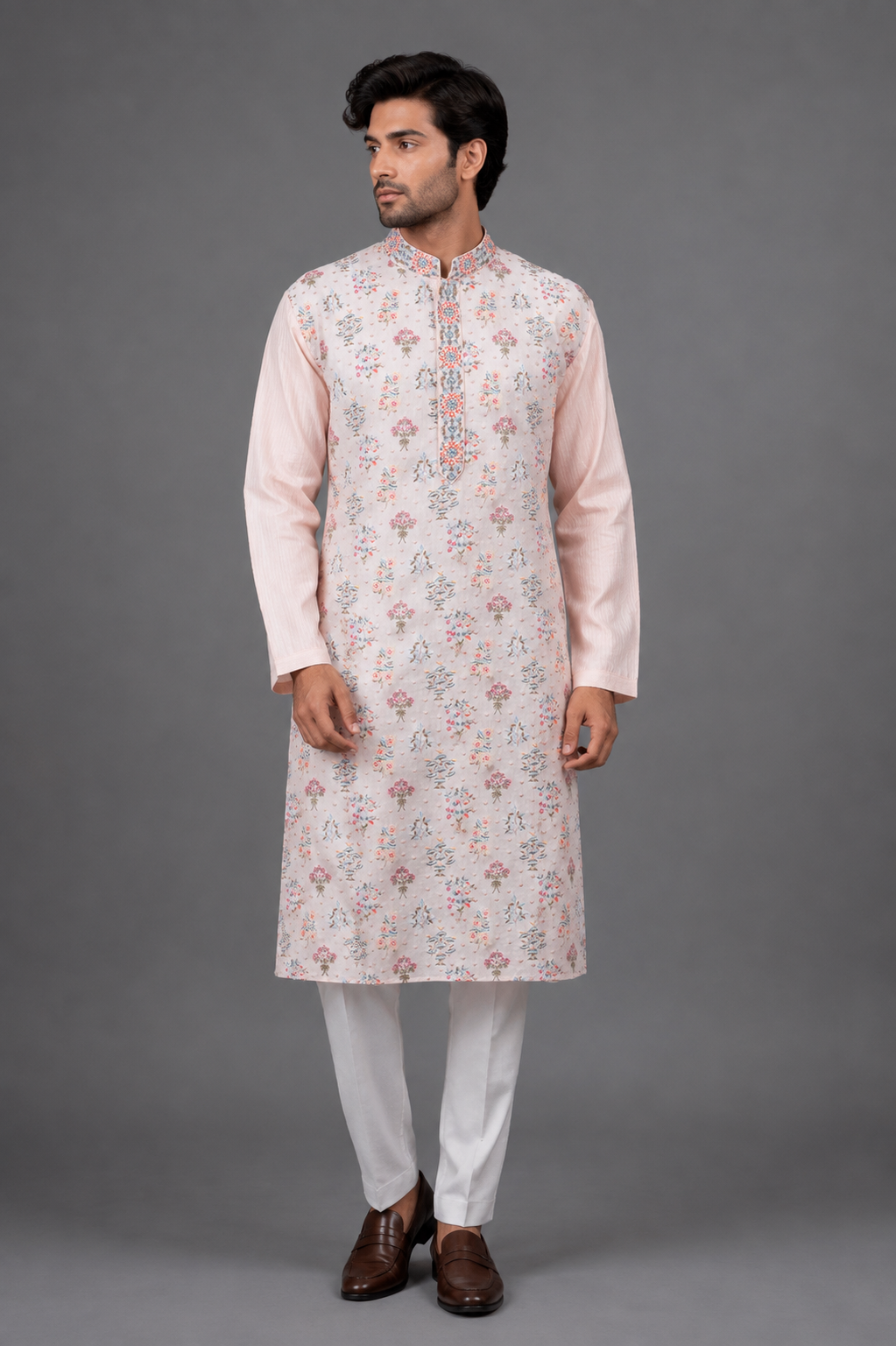 Pink Chanderi Kurta for Men | Machine Embroidered Booti Kurta | Premium Wedding & Festive Wear