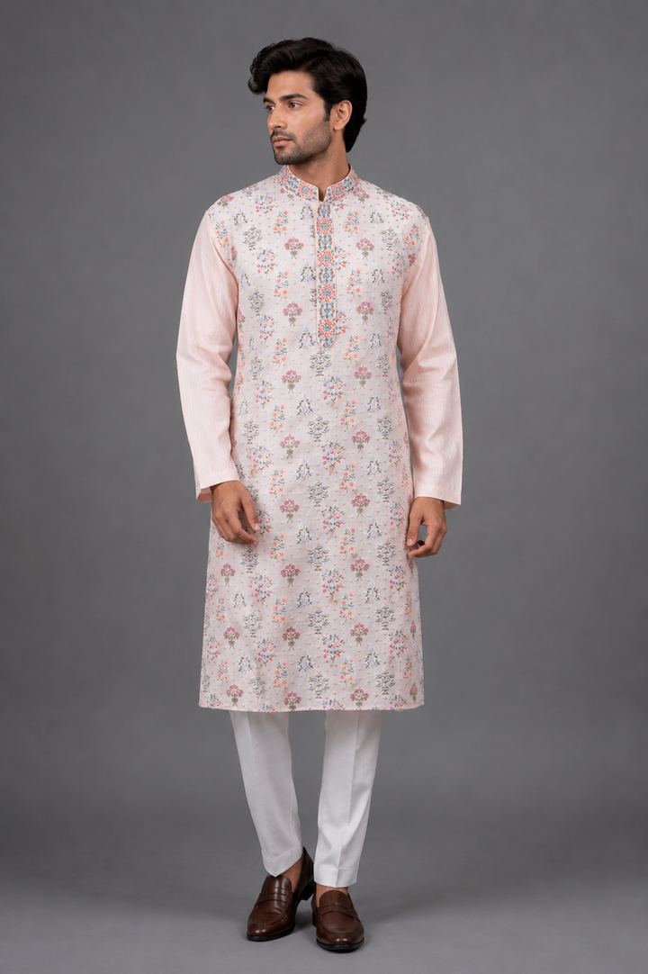 Pink Chanderi Kurta for Men | Machine Embroidered Booti Kurta | Premium Wedding & Festive Wear