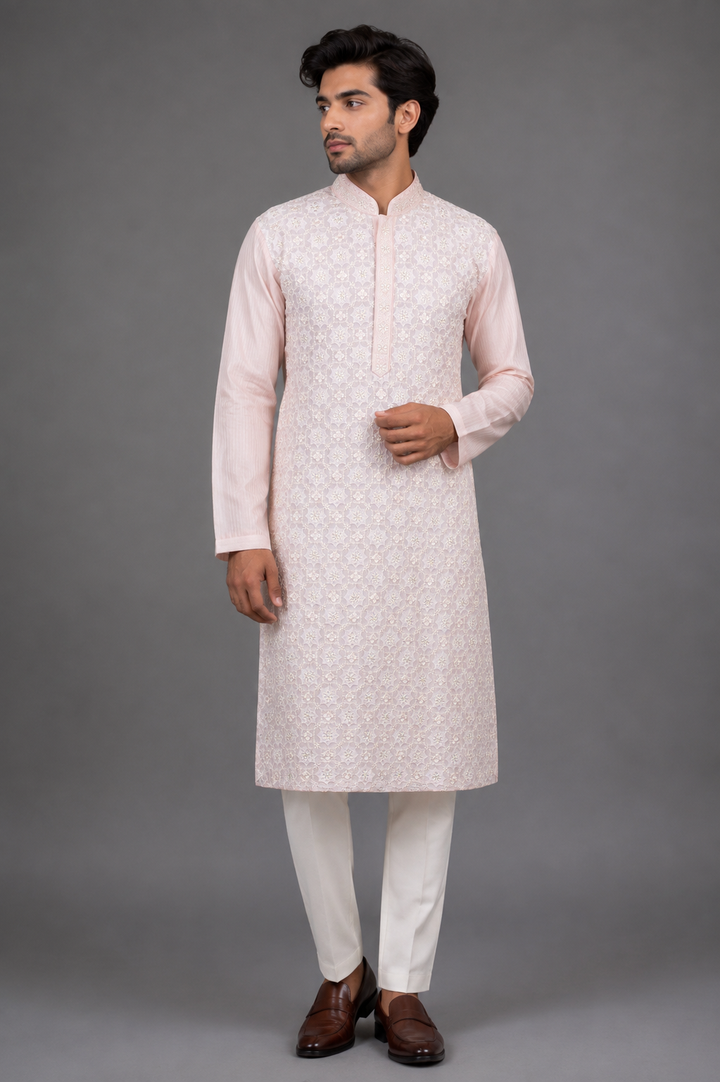 Pink Chanderi Kurta for Men | Geometric Patch Jaal Embroidered Kurta | Designer Wedding & Festive Wear