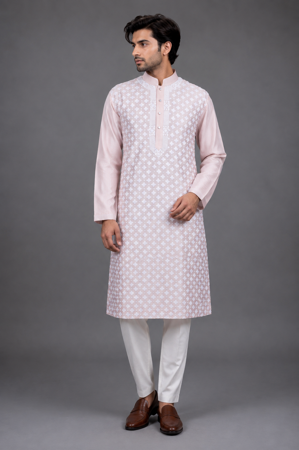 Pink Chanderi Kurta for Men | Patch & Hand Embroidered Designer Kurta | Wedding & Festive Wear
