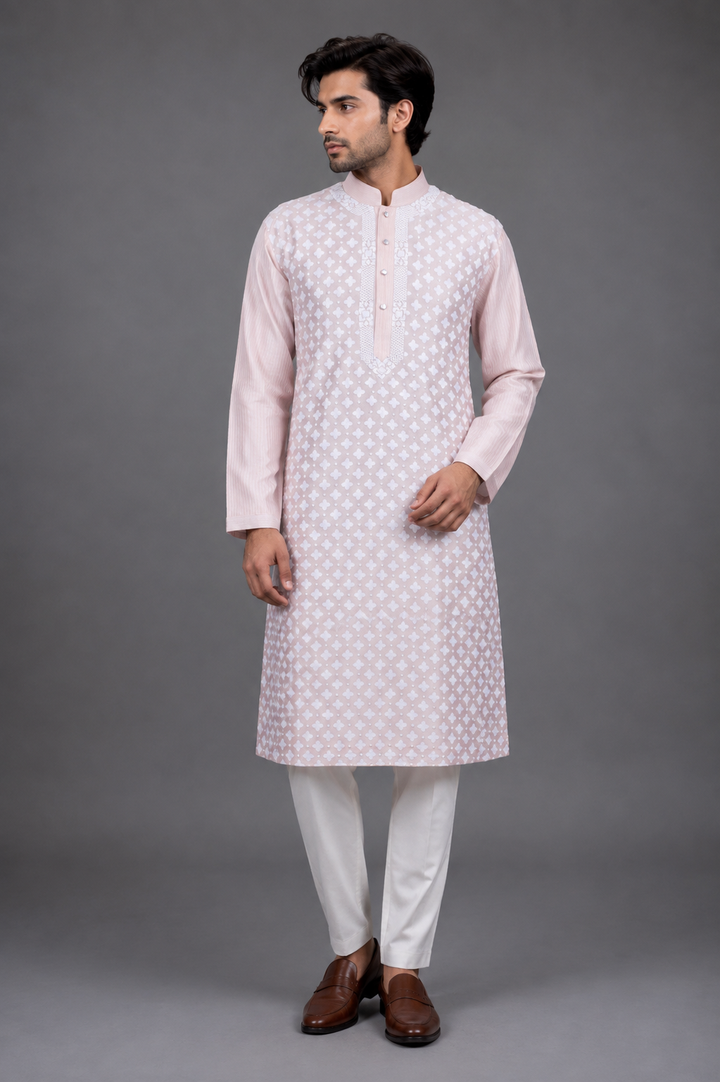 Pink Chanderi Kurta for Men | Patch & Hand Embroidered Designer Kurta | Wedding & Festive Wear
