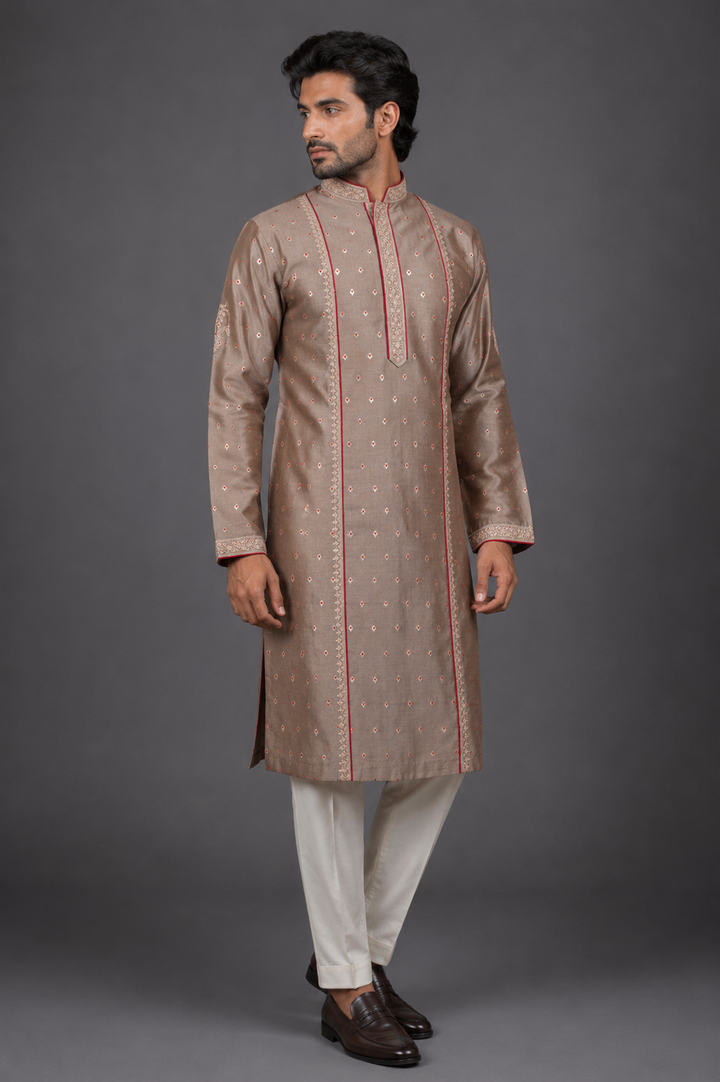 Grey Banarasi Kurta for Men | Hand & Machine Embroidered Booti Kurta | Luxury Wedding & Festive Wear
