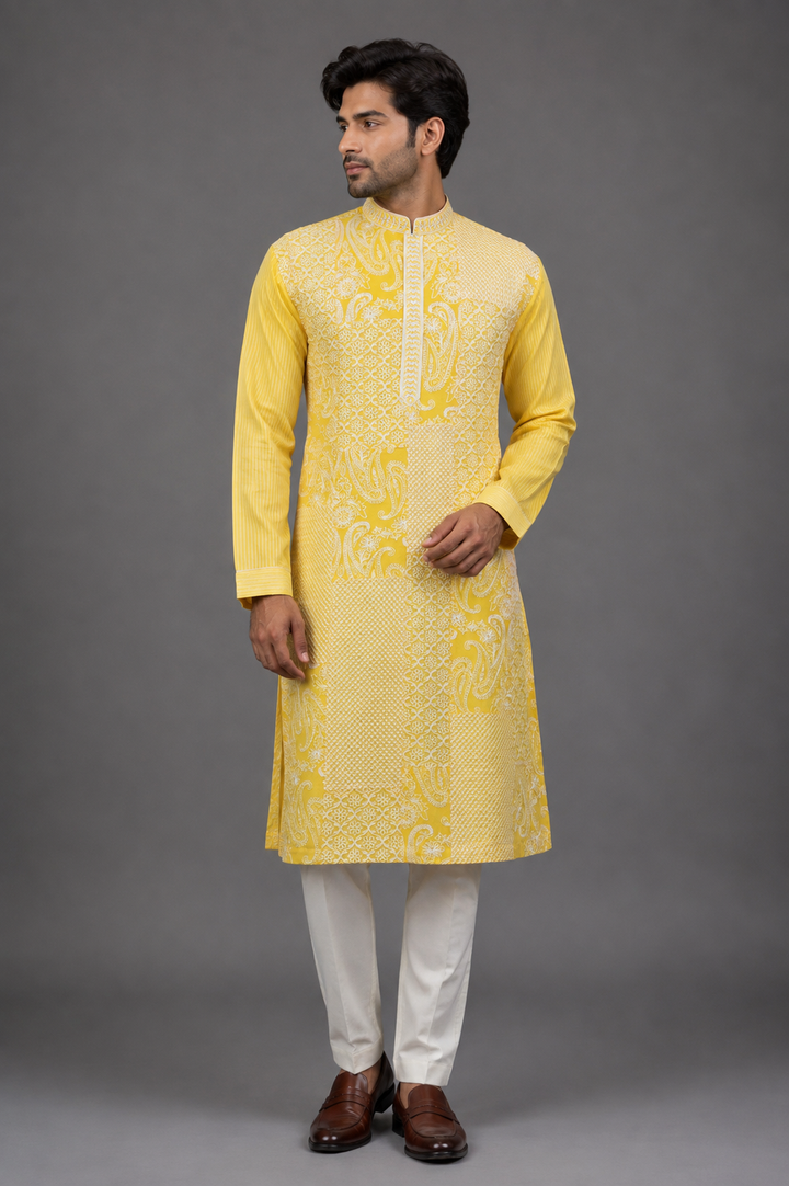 Yellow Chanderi Kurta for Men | Machine Embroidered Designer Kurta | Haldi, Wedding & Festive Wear