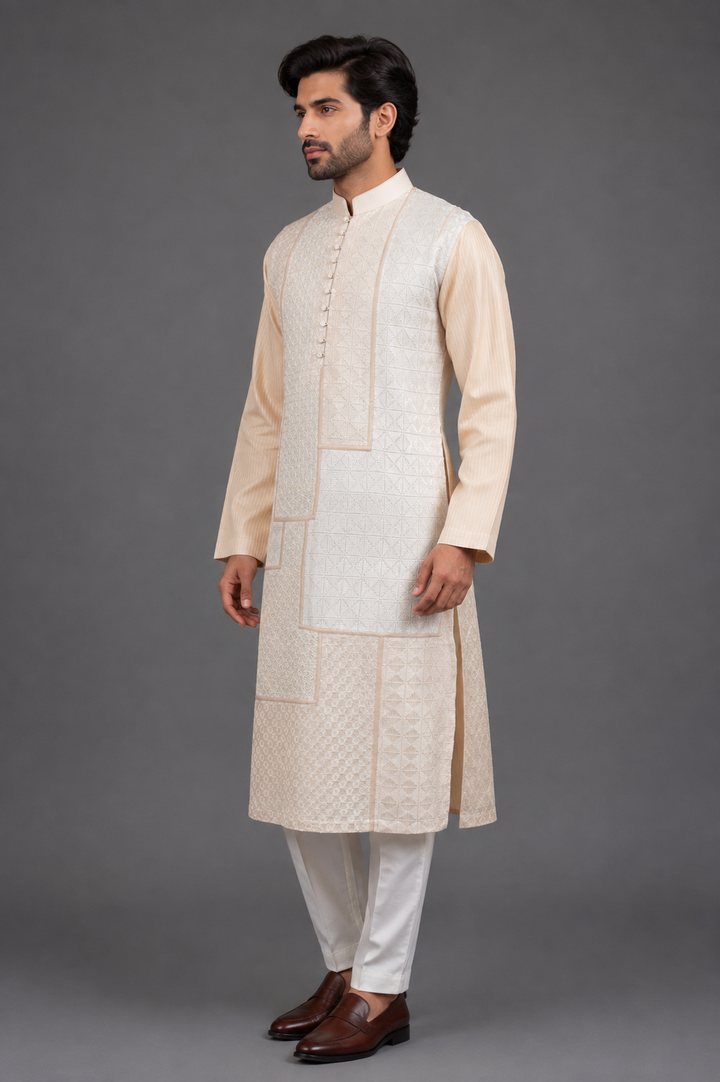 Cream Chanderi Kurta for Men | Machine Embroidered Designer Kurta | Wedding & Festive Wear
