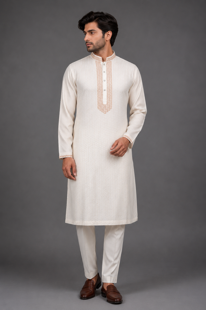 Off-White Chanderi Kurta for Men | Hand Embroidered Pintuck Kurta | Luxury Wedding & Festive Wear