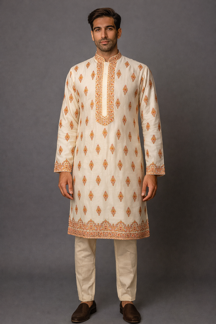 Off-White Chanderi Kurta Set with Kashmiri Booti