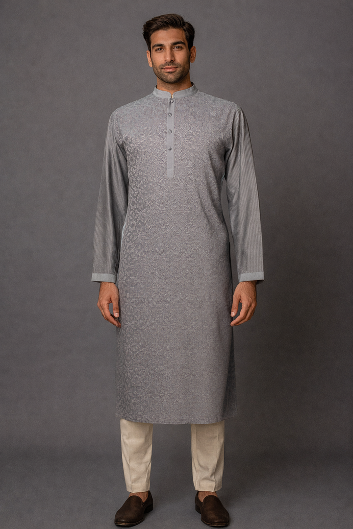 Grey Cotton Silk Kurta Set with Pintucks & Boota Embroidery