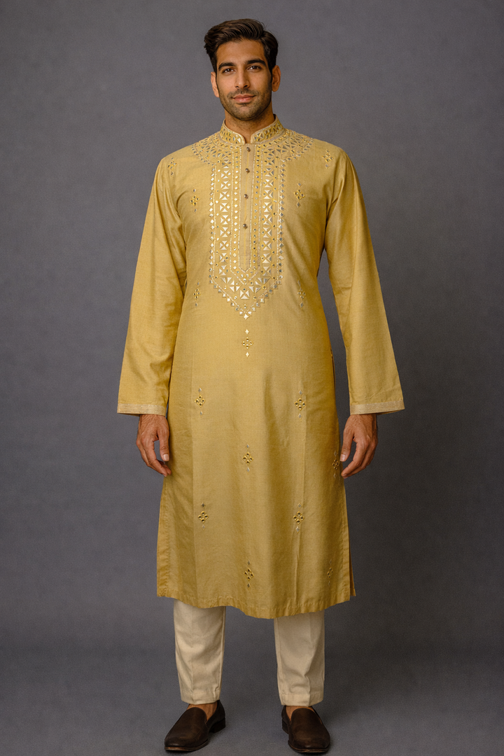 Green Cotton Silk Kurta Set with Leather & Mirror Embroidery