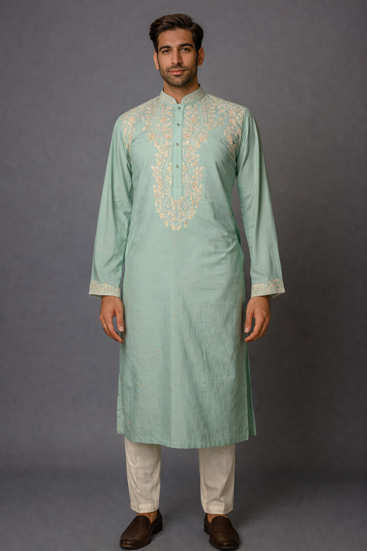 Aqua Cotton Silk Kurta Set with Dori & Hand Embroidery