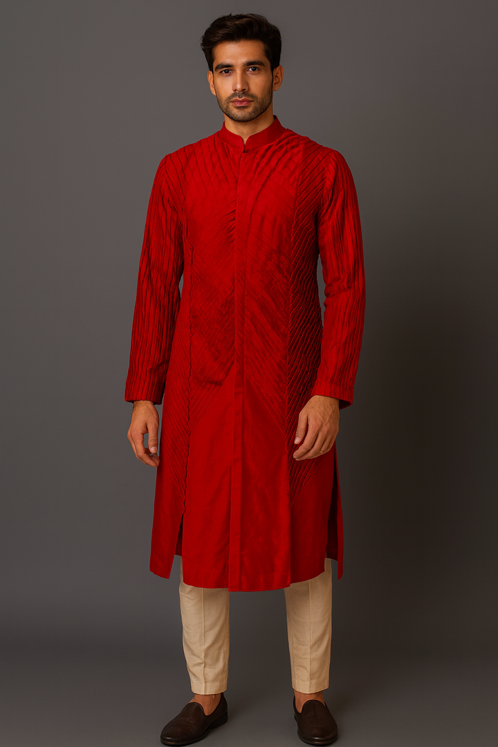 Red Chanderi Kurta Set with All-Over Pintuck Detailing