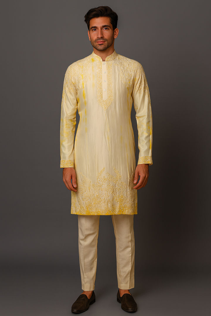 Yellow Tie & Dye Silk Kurta Set with Hand & Machine Embroidery