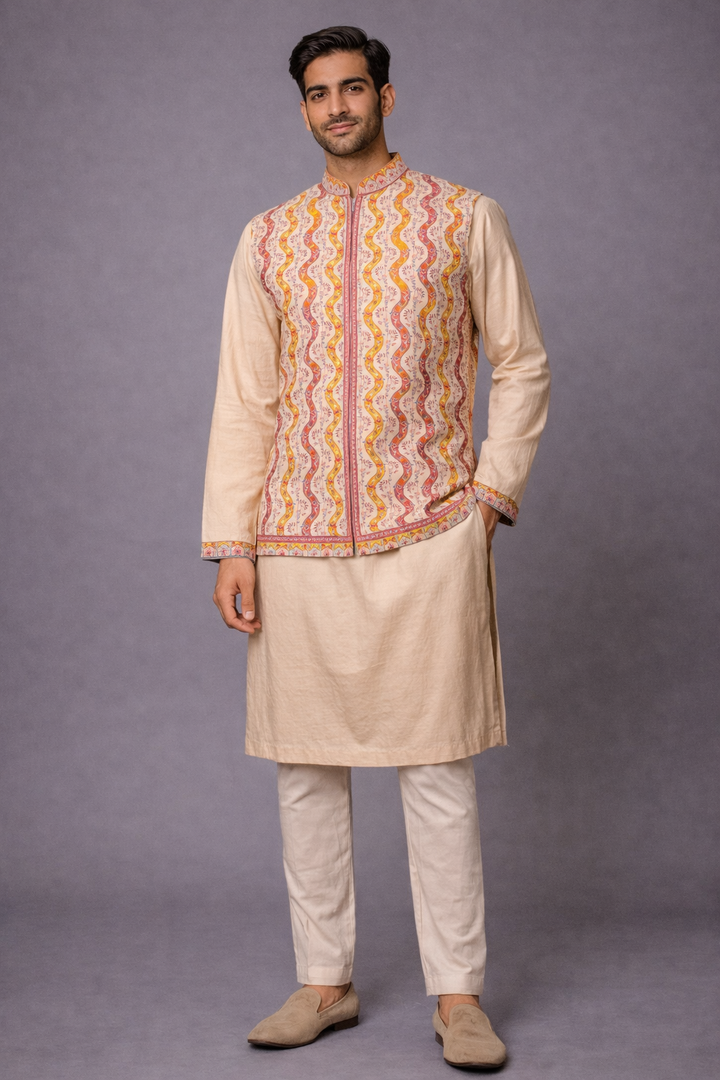Men’s Beige Moonga Silk Kurta & Bundi Set with Machine Embroidery
