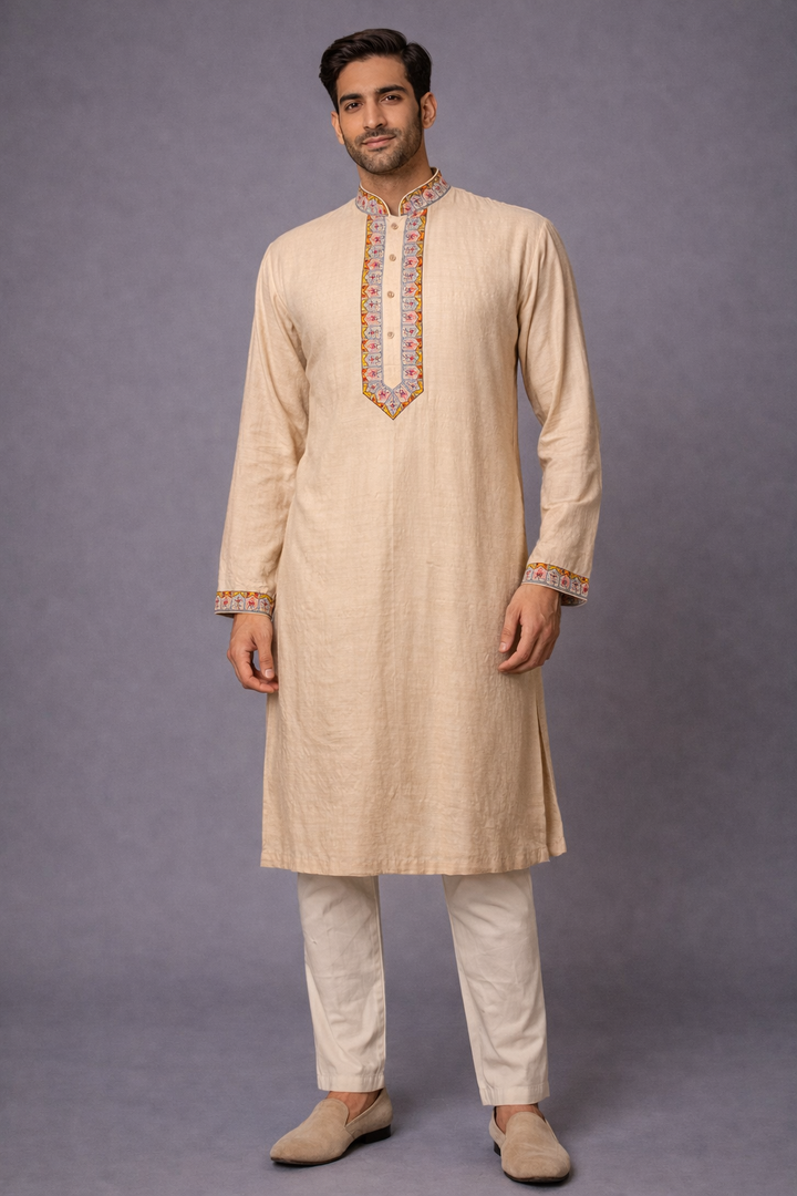 Men’s Beige Moonga Silk Kurta & Bundi Set with Machine Embroidery