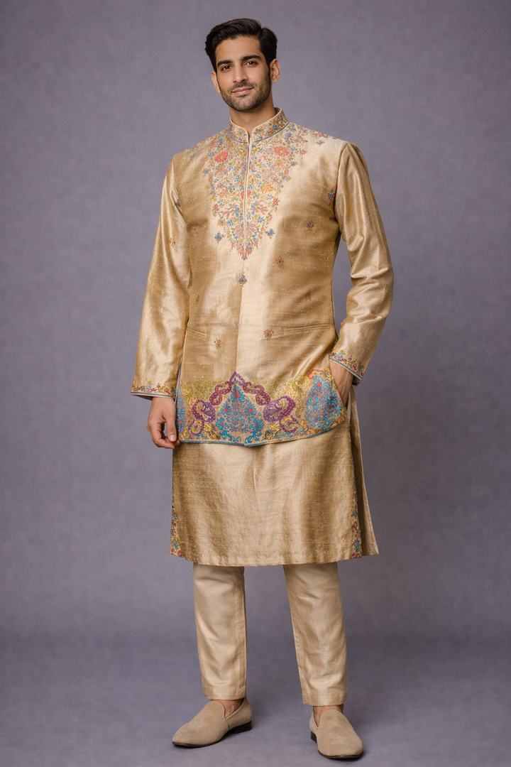Men’s Beige Raw Silk Kurta Bundi Set with Kashmiri Embroidery