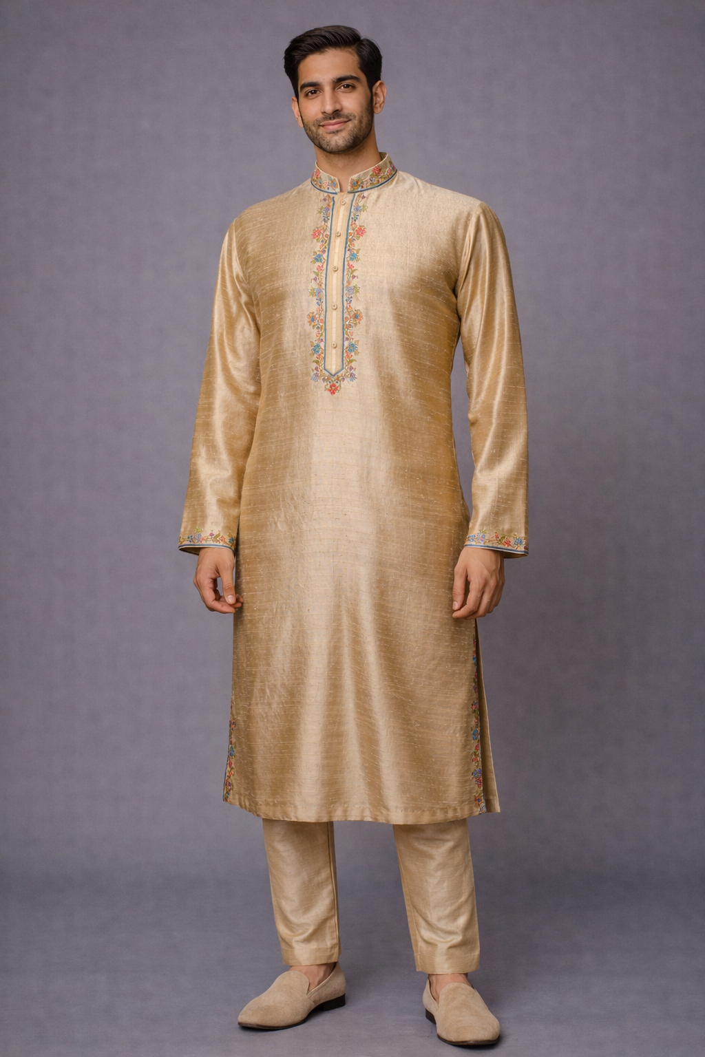 Men’s Beige Raw Silk Kurta Bundi Set with Kashmiri Embroidery