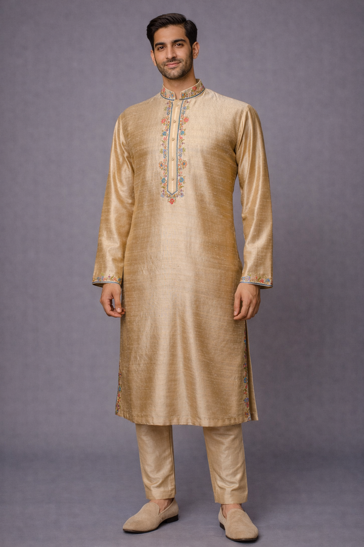Men’s Beige Raw Silk Kurta Bundi Set with Kashmiri Embroidery