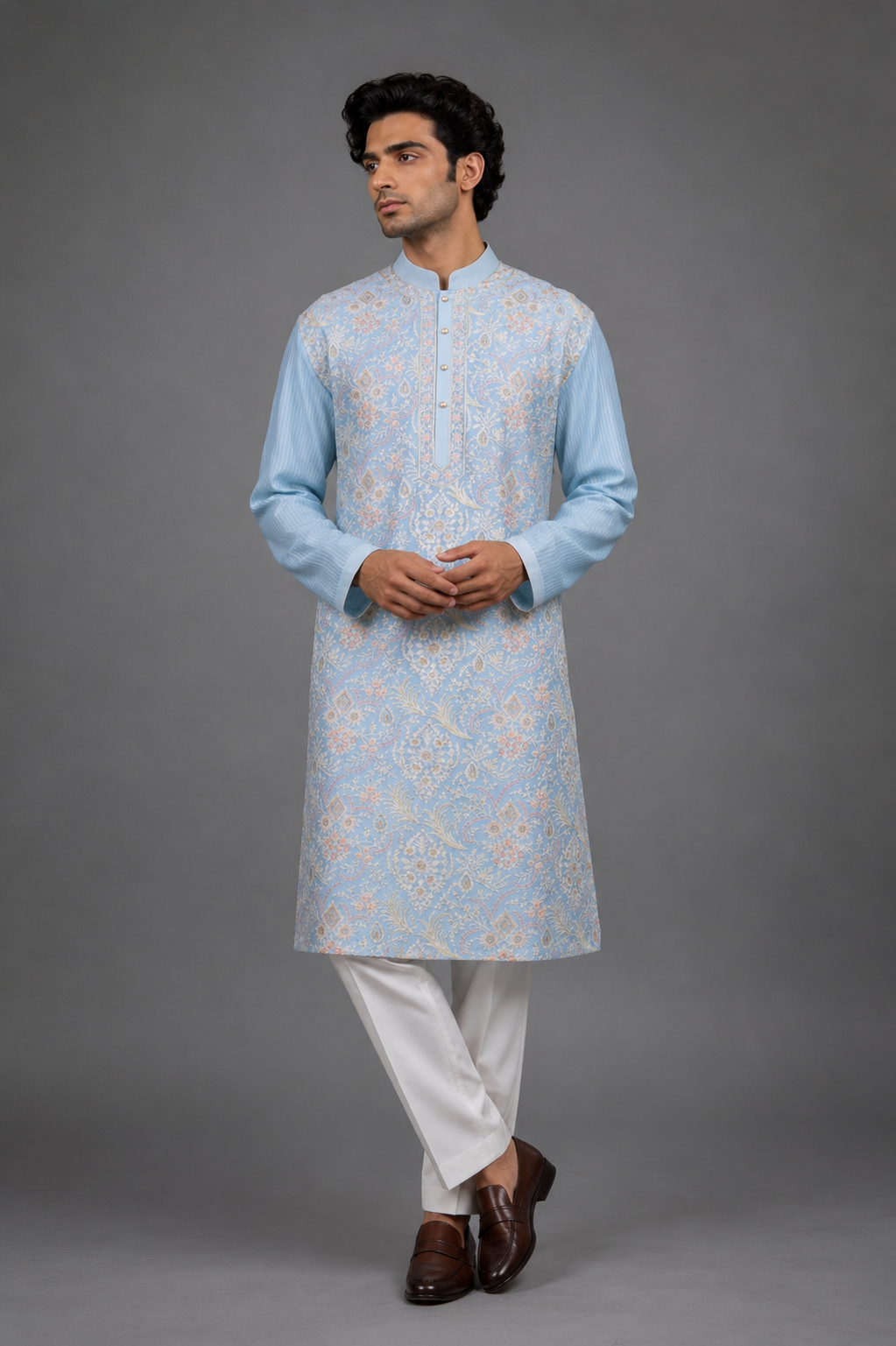 Sky Blue Chanderi Kurta for Men | Aari Jaal Embroidered Designer Kurta | Luxury Wedding & Festive Wear