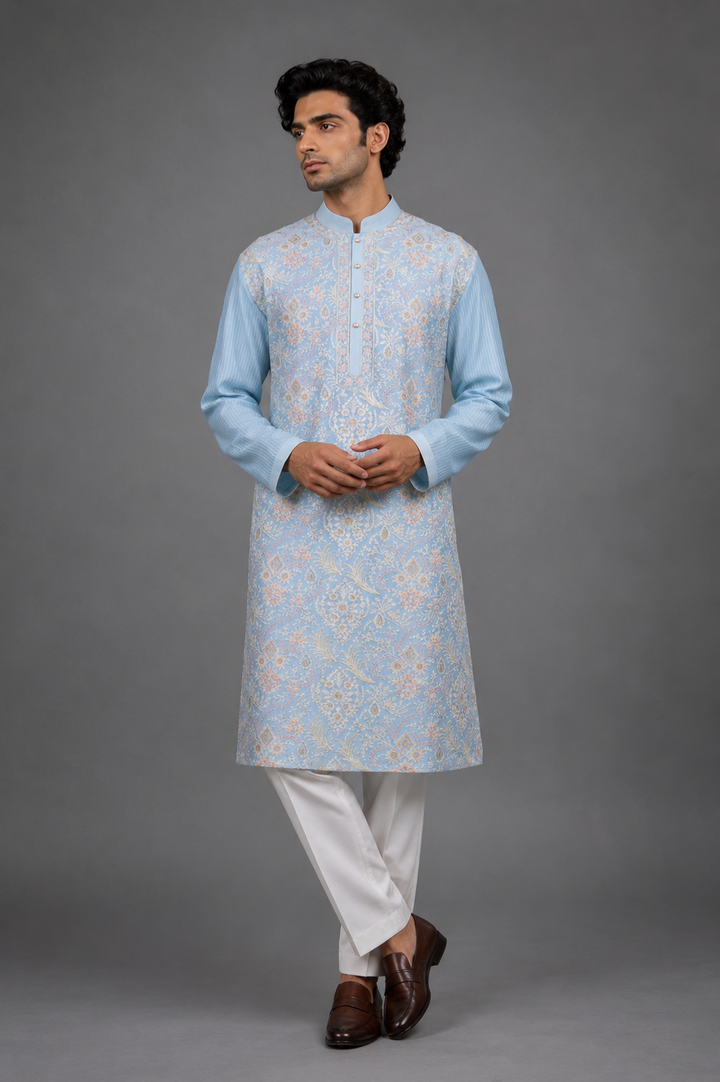 Sky Blue Chanderi Kurta for Men | Aari Jaal Embroidered Designer Kurta | Luxury Wedding & Festive Wear